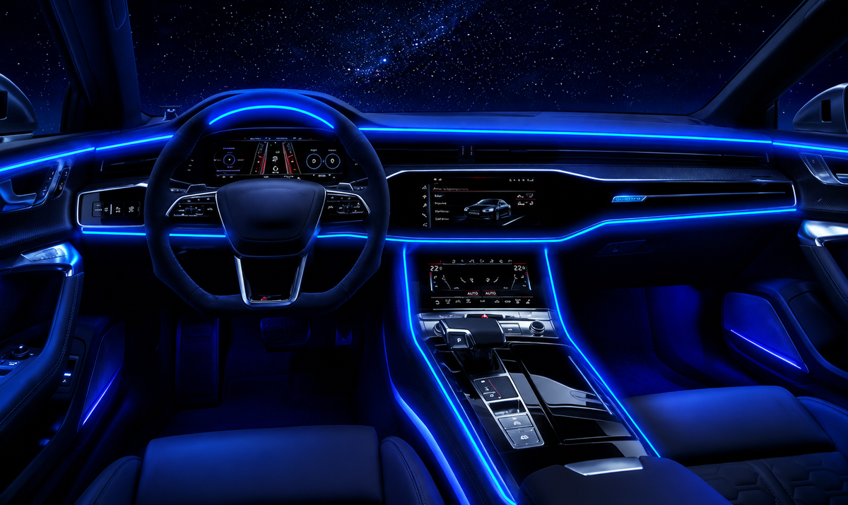 Ambiance bande LED bleue dans une voiture