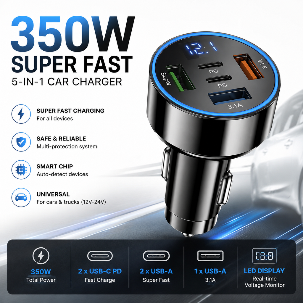 Chargeur voiture 350W 5-en-1, caractéristiques
