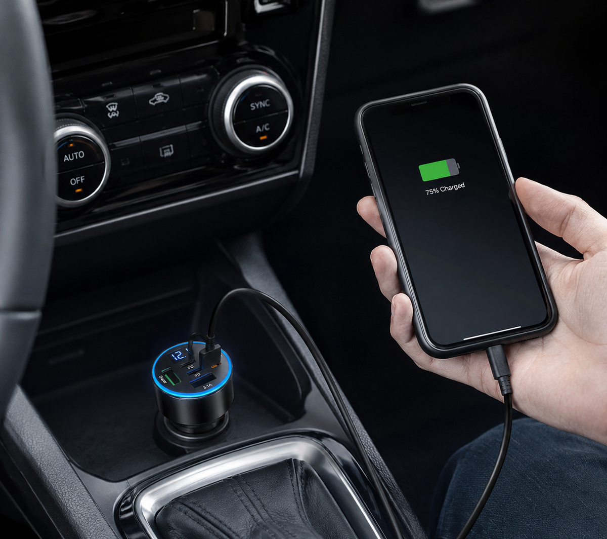 Chargeur voiture 350W en situation, téléphone en charge