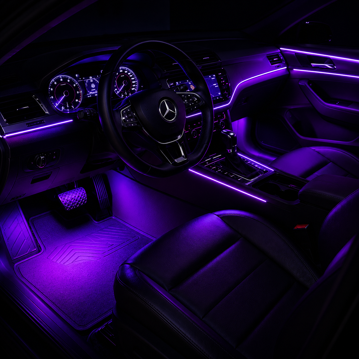 Ambiance lumière LED violette dans une voiture