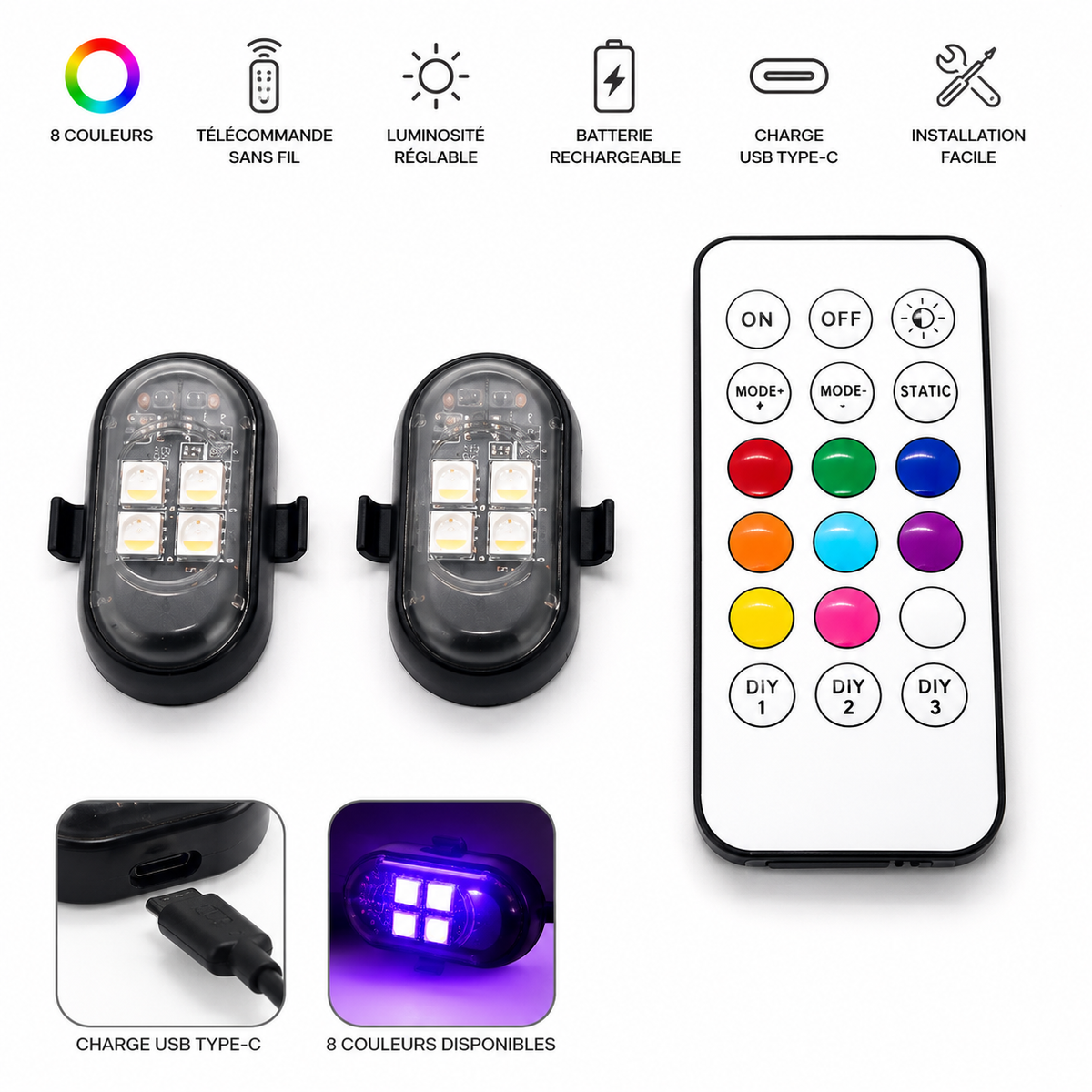 Pack 2 lumières LED avec télécommande, caractéristiques