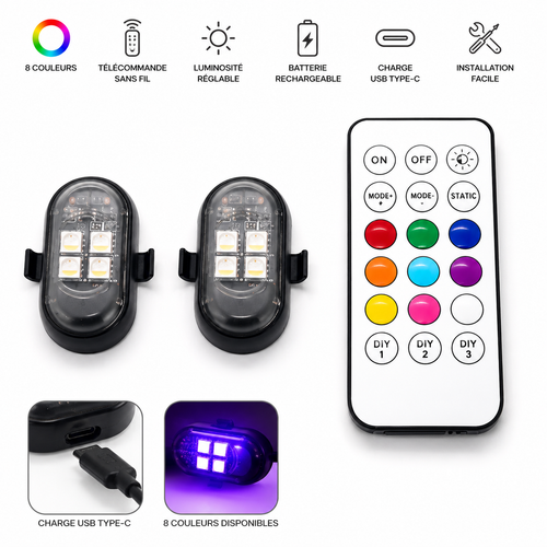 Pack 2 lumières LED avec télécommande, caractéristiques